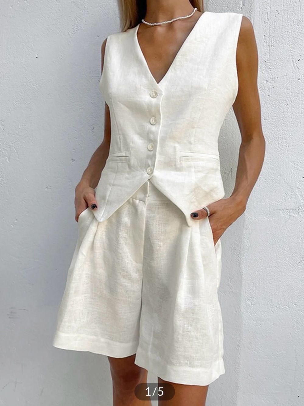 Commense High-Waist Linen Shorts Set in Cream